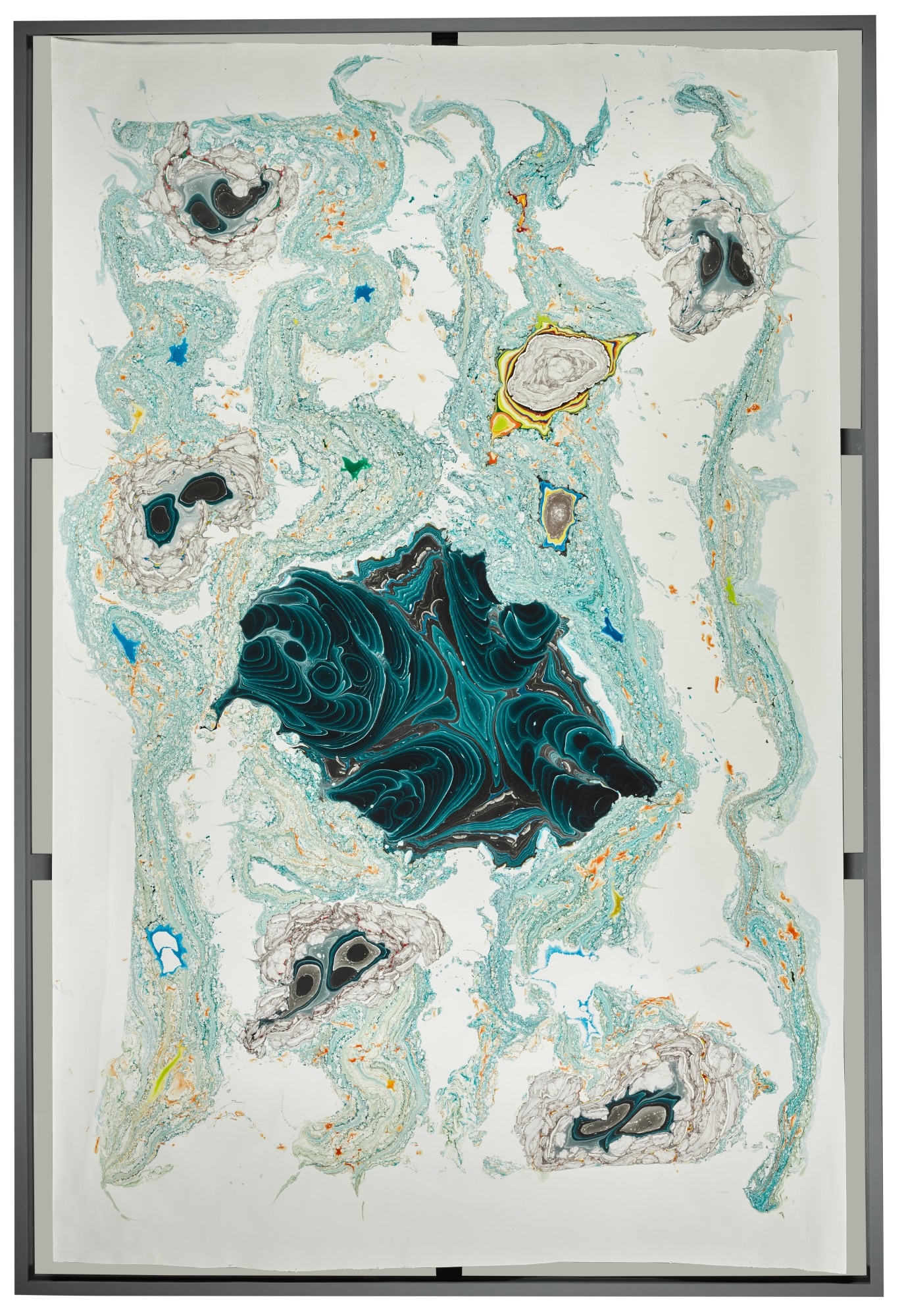 Artwork by Kerstin Brätsch, Unstable Talismanic Rendering 28 (with gratitude to master marbler Dirk Lange), Made of pigment, water color, ink and solvents on paper