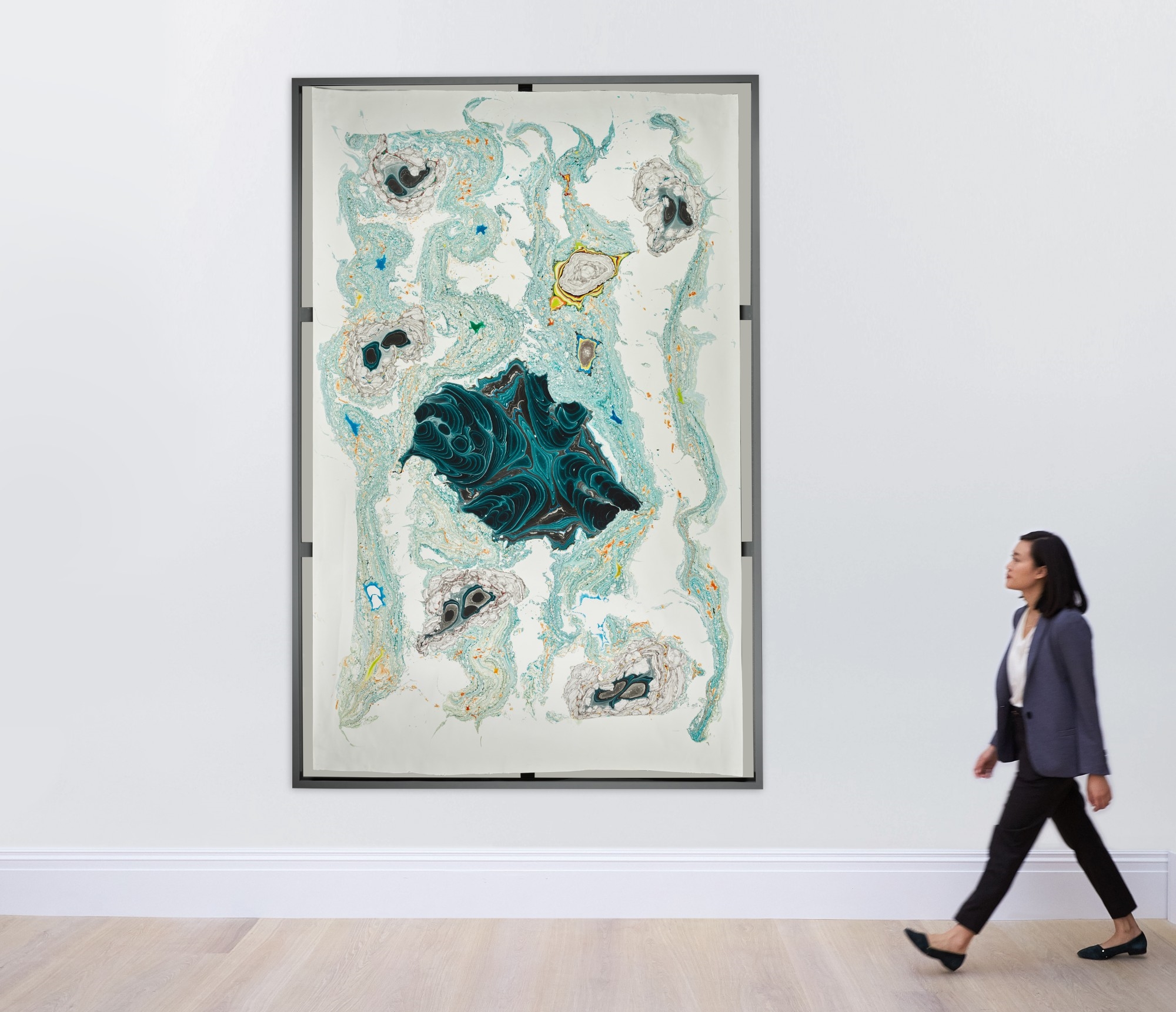 Artwork by Kerstin Brätsch, Unstable Talismanic Rendering 28 (with gratitude to master marbler Dirk Lange), Made of pigment, water color, ink and solvents on paper