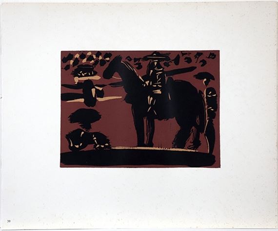A black and red print of a man riding a horse.