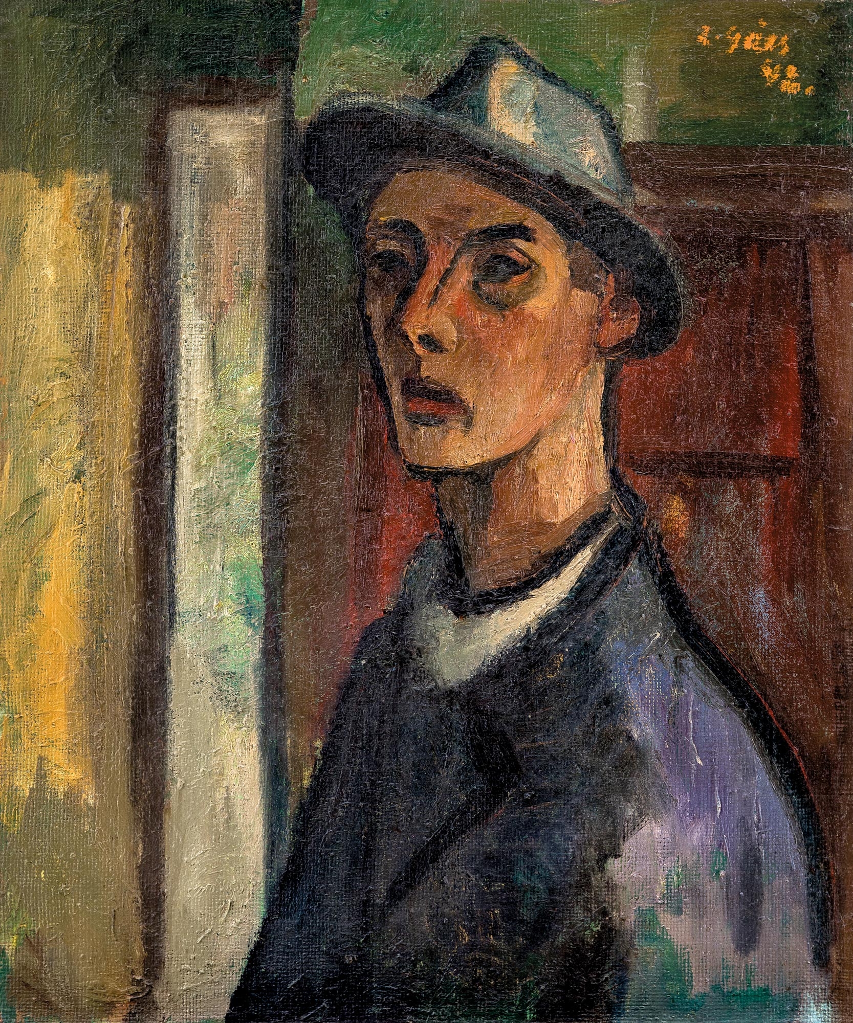 Artwork by György Gara, Self-portrait in a hat, Made of oil on canvas