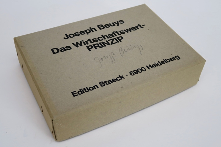 Artwork by Joseph Beuys, Das Wirtschaftwert Prinzip, Made of a cardboard box with cards