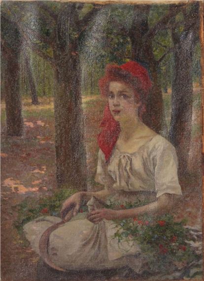 Young woman sitting in the forest by Michel Korochansky