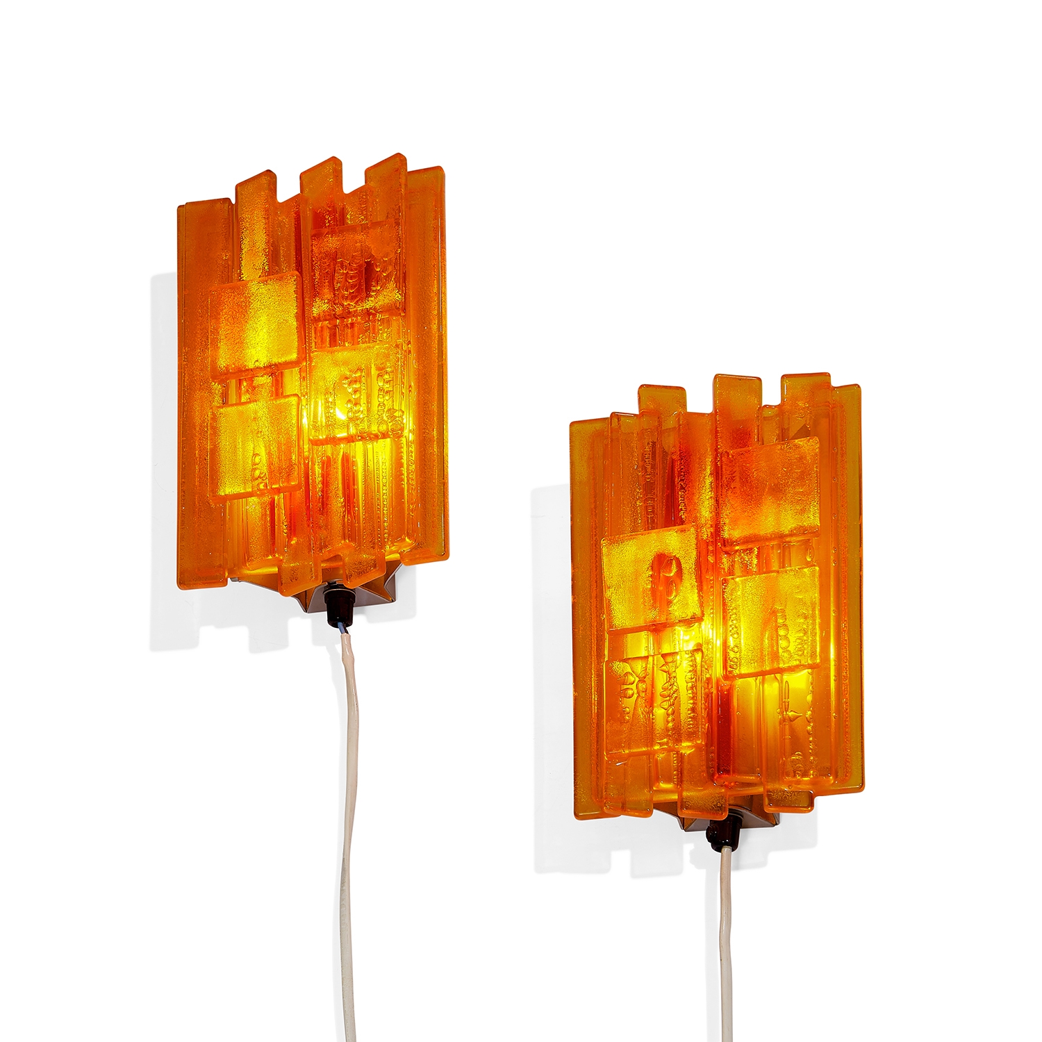 Artwork by Claus Bolby, Vega wall lights, pair, Made of orange acrylic resin, aluminum