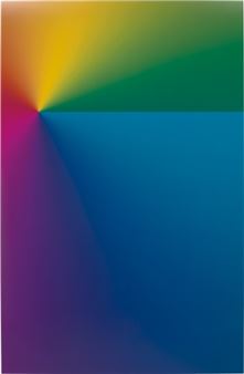 Photoshop CS: 110 by 72 inches, 300 DPI, RGB, square pixels, default gradient "Spectrum", mousedown y=9900 x=3450, mouseup y=990 x=21450 - Cory Arcangel