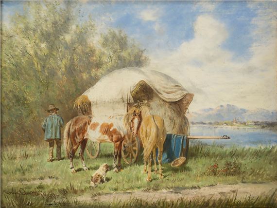 Rural idyll with farmer, hay wagon and horses in front of a mountain lake by Franz Quaglio, 1899