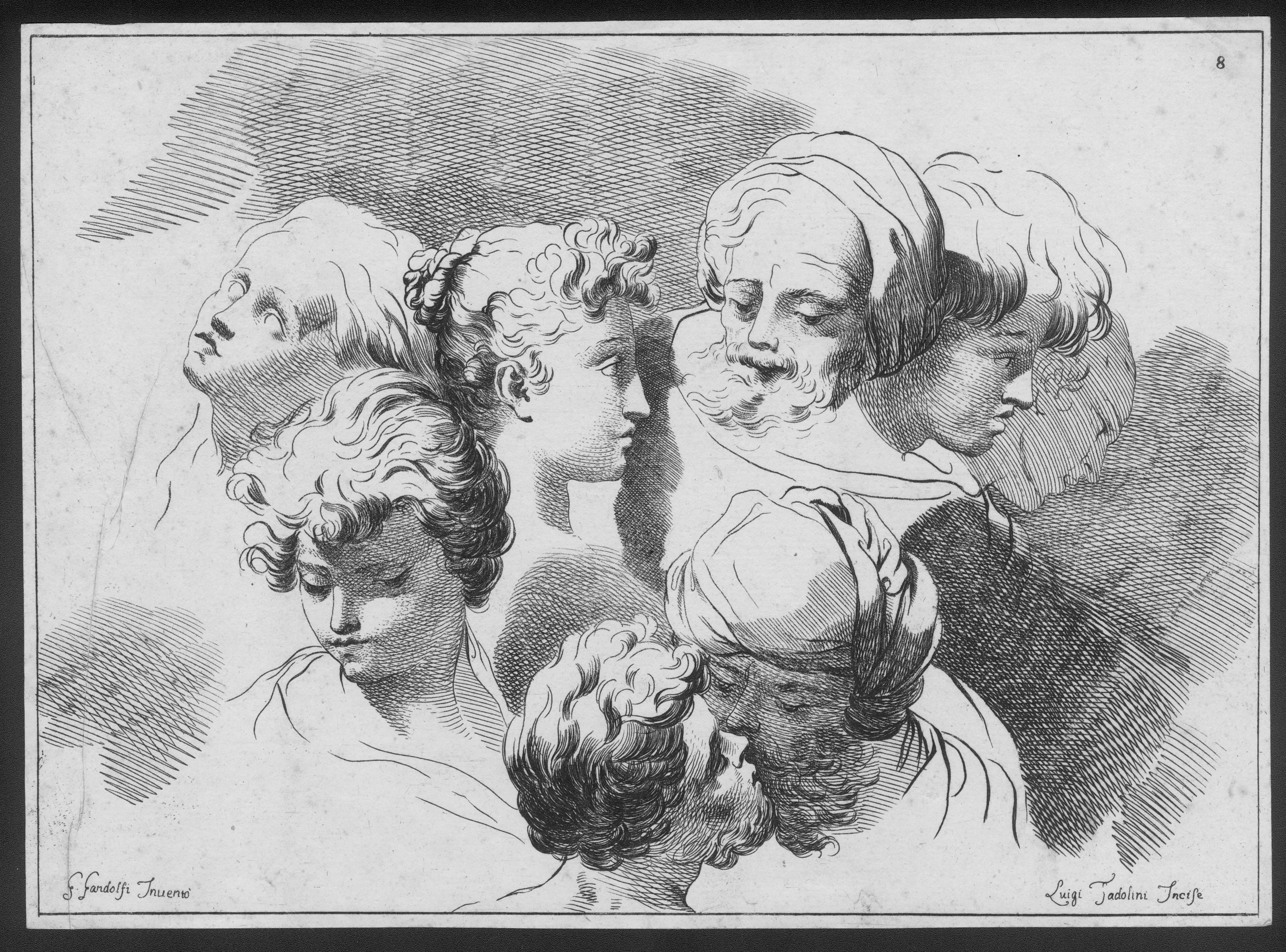 Artwork by Gaetano Gandolfi, Luigi Tadolini, STUDIES OF HEAD, Made of etching on watermarked laid paper