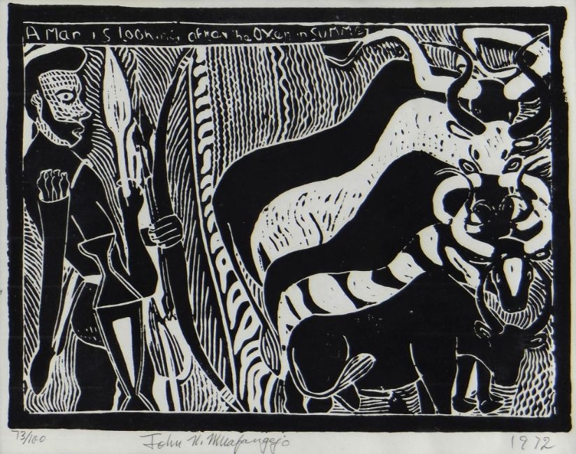 Artwork by John Ndevasia Muafangejo, A Man is Looking After his Oxen in Summer, Made of linocut