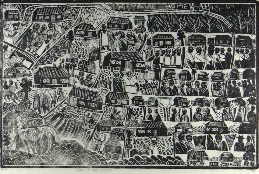 Artwork by John Ndevasia Muafangejo, Shiyane Home, Made of linocut on Japan paper