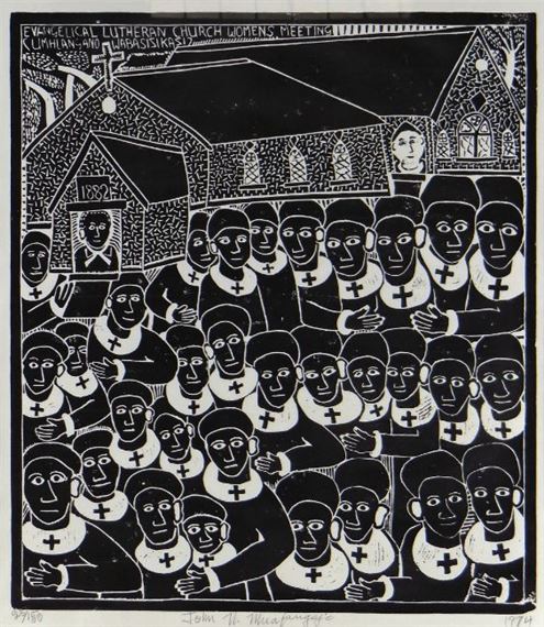 Evangelical Lutheran Church Womens Meeting (Umhlangano Wabasizikasi) by John Ndevasia Muafangejo, 1974