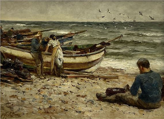 Robert Jobling | Fishermen with their Boats at Staithes | MutualArt