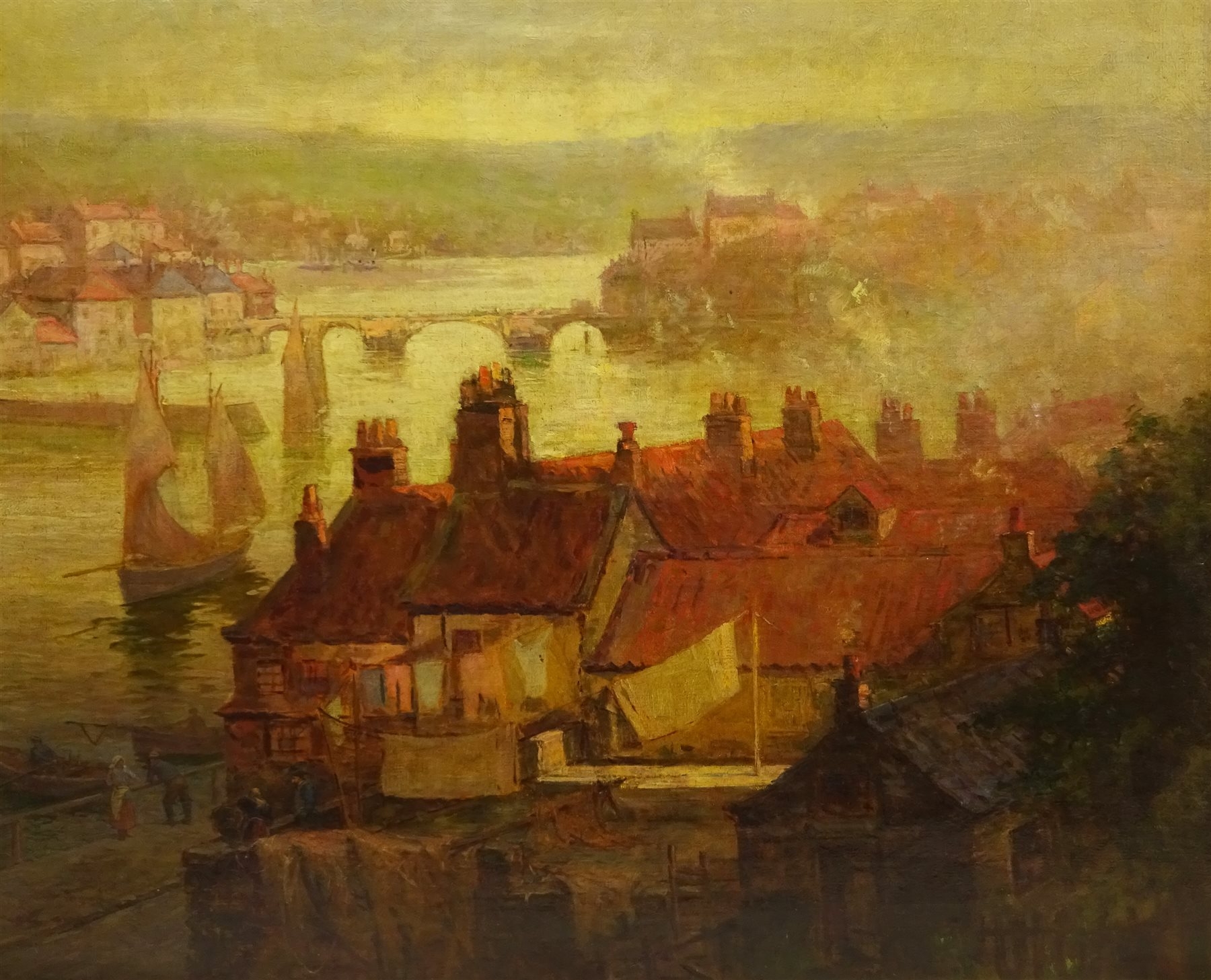 Artwork by Julian Edward Drummond, Whitby Rooftops and Harbour, Made of oil on canvas