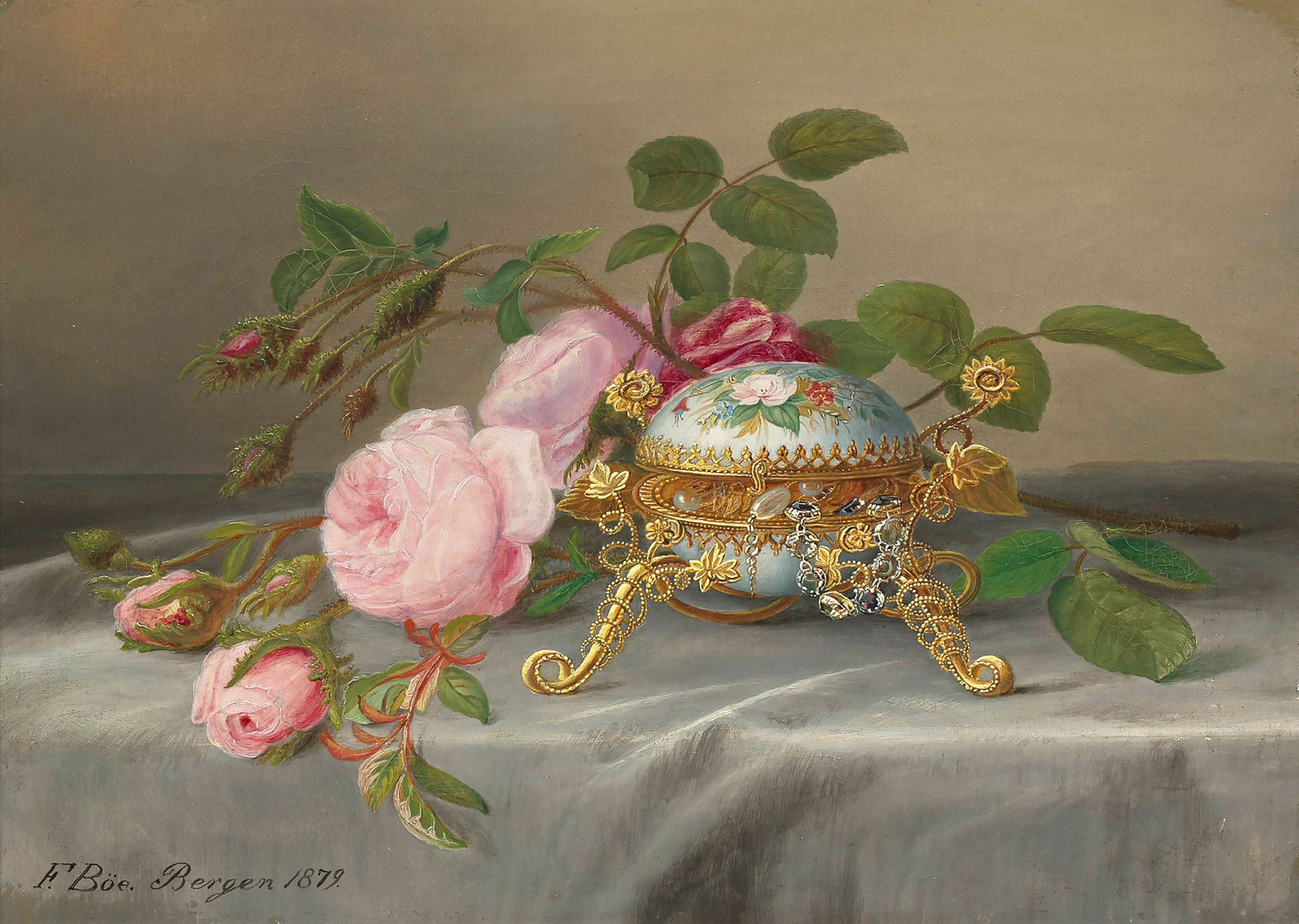 Stilleben med roser og smykkeskrin by Frants Diderik Bøe, 1879