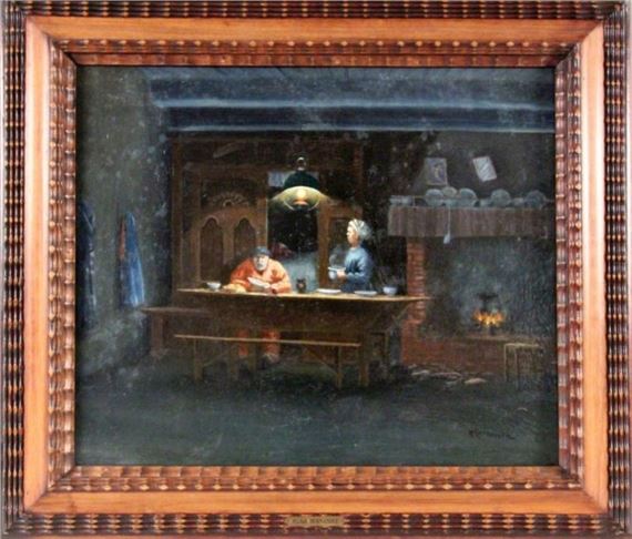 Peasant couple in the kitchen in front of a burning fireplace by Miguel Hernandez