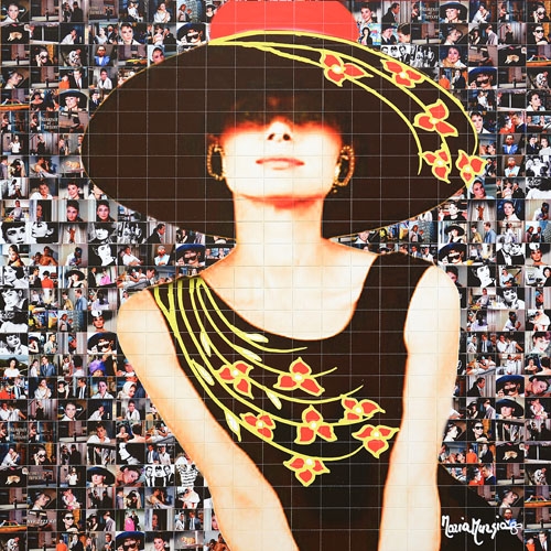 Artwork by Maria Murgia, Omaggio a Audrey Hepburn, Made of digital photomosaic mounted on kapafix panels and carved by hand