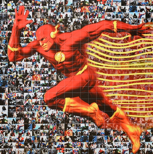 Artwork by Maria Murgia, Serie supereroi: Flash, Made of digital photomosaic mounted on kapafix panels and carved by hand