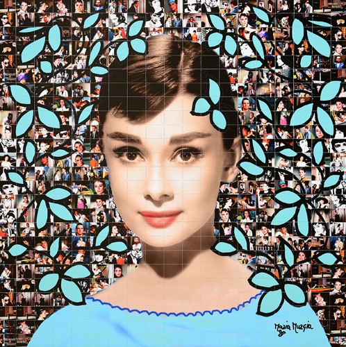 Artwork by Maria Murgia, Omaggio a Audrey Hepburn, Made of digital photomosaic mounted on kapafix panels and carved by hand