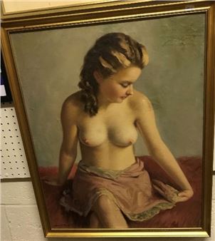 "Topless model seated on a bed" - Janos Szollosy