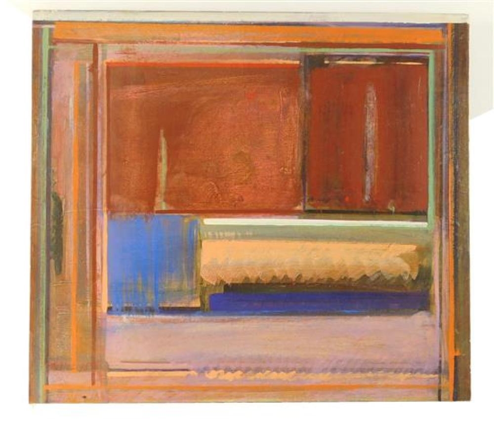 Artwork by Robert Dublac, Red, blue, peach and lilac abstract blocks, Made of oil on canvas