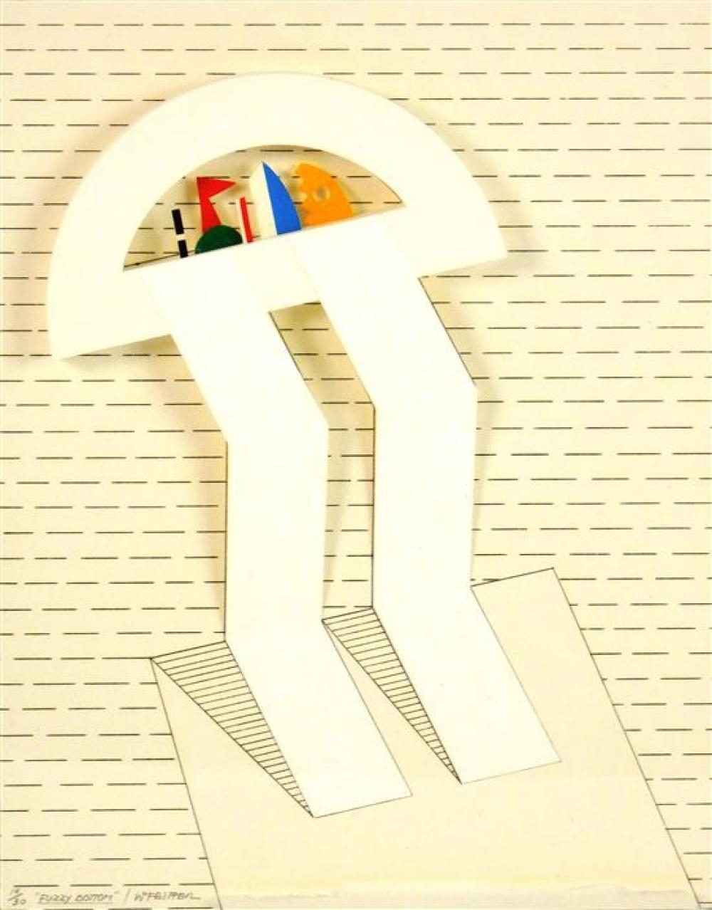 Artwork by Werner Pfeiffer, Fuzzy Bottom, Made of three-dimensional mixed media construction of etching, collage, and embossment