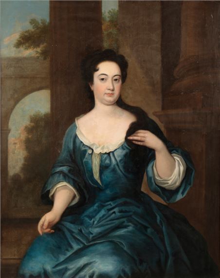 A portrait of a lady wearing a blue silk dress by Enoch Seeman