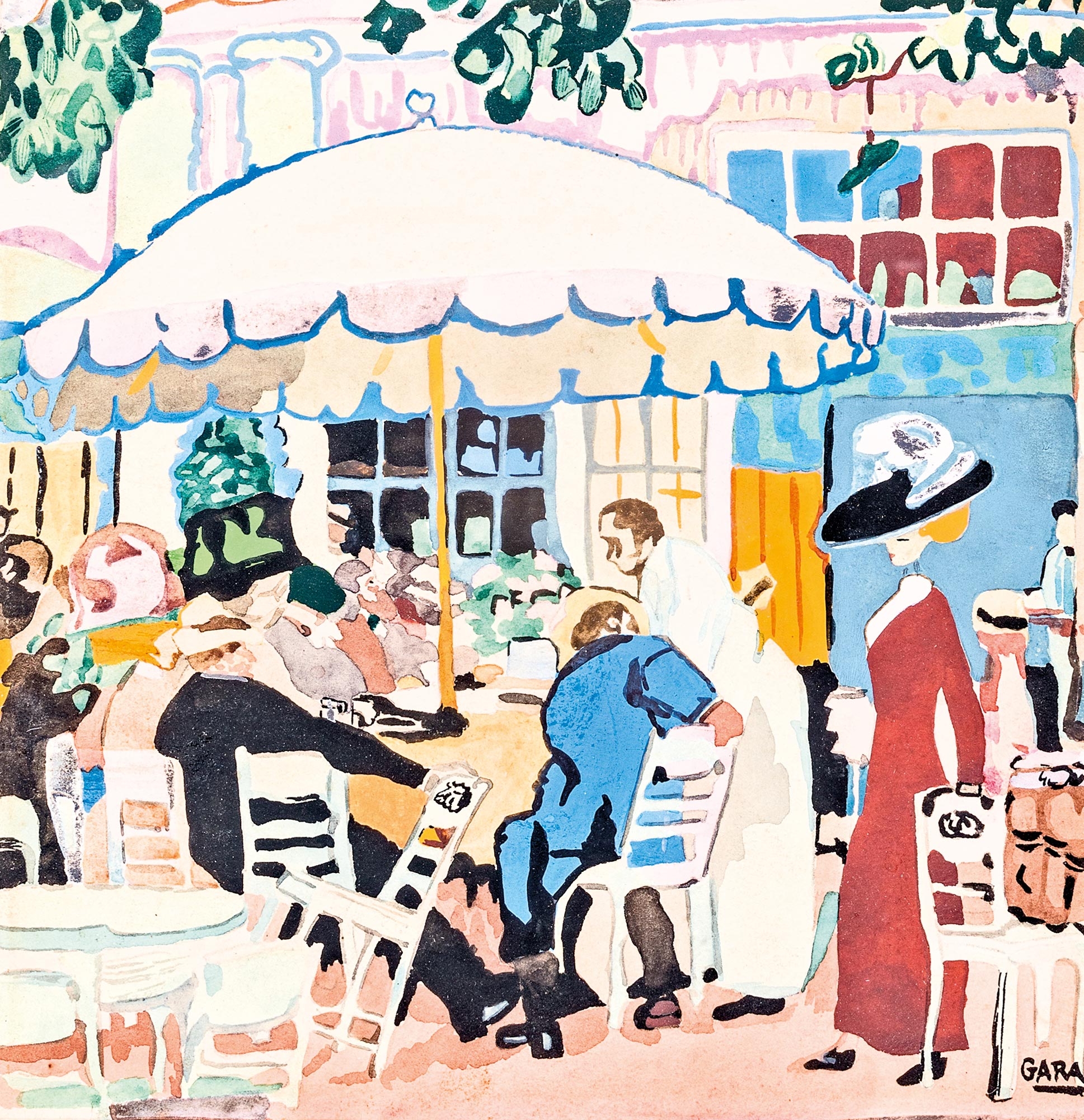 Artwork by György Gara, Terrace of a café, Made of tempera on paper