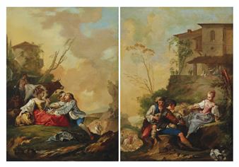 A pastoral scene with a boy offering a shepherdess doves in a rocky landscape; and A pastoral scene with two musicians serenading a shepherdess - Jean Barbault