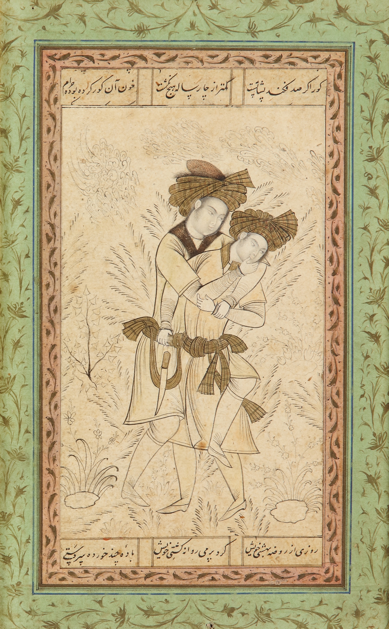 Two men fighting, accentuated with gold turbans and sashes by Persian School, 19th Century