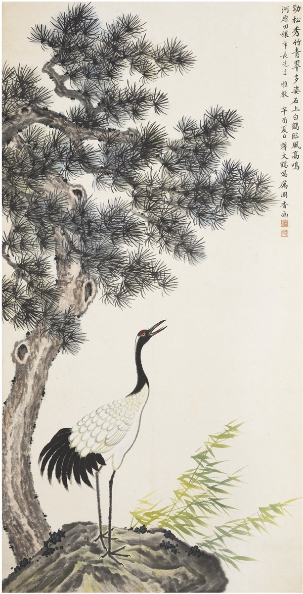 Artwork by Li Guoxiang, CRANES AMID PINE TREES, Made of Ink and color on paper, hanging scroll