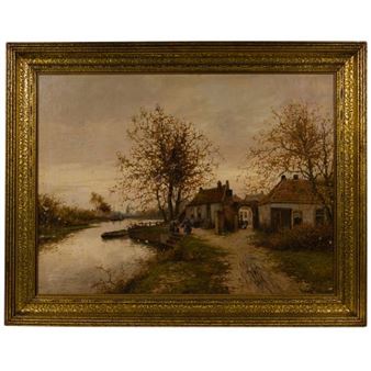 Depicting a rural waterside village with people - Friedrich Carl Rupprecht