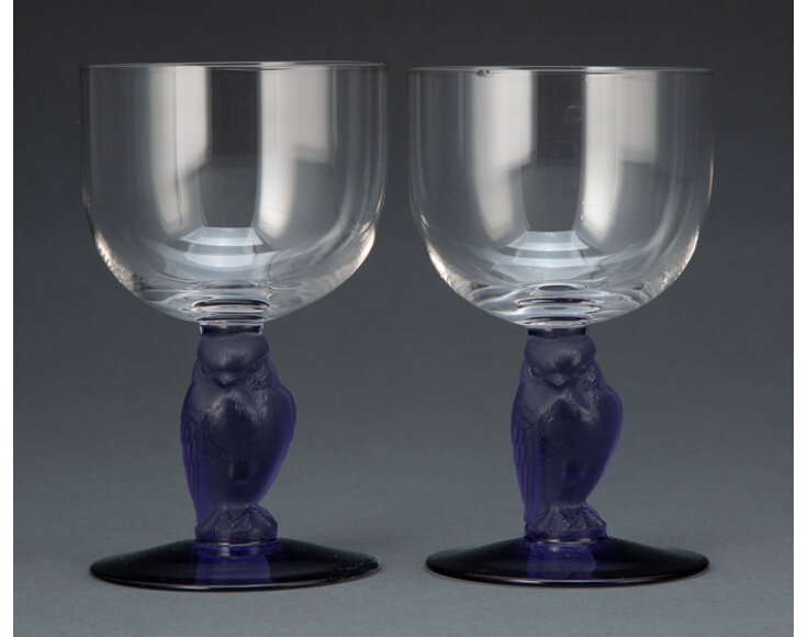 Pair of R. Lalique Clear and Blue Glass Rapace Wine Stems