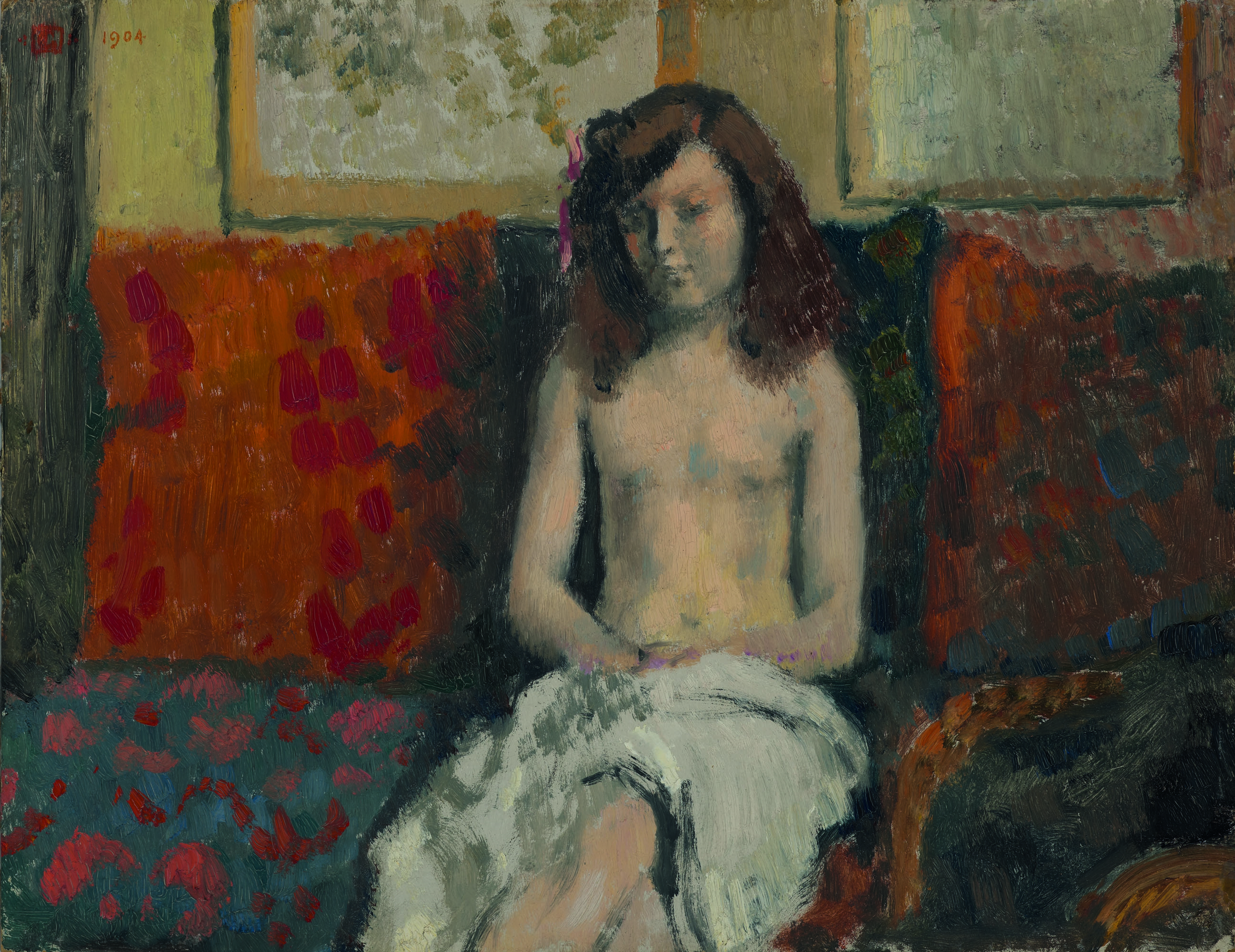 Artwork by Georges Lemmen, Jeune fille dans un intérieur, Made of oil on board