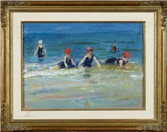 A beach scene with figures in dark swimsuits sitting on the shore.