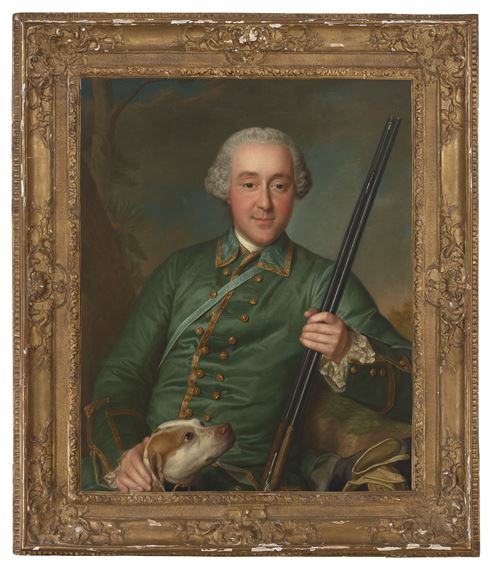 Portrait of Nicholas Anne de Lisle, half-length, with a rifle and hunting dog by Marianne Loir