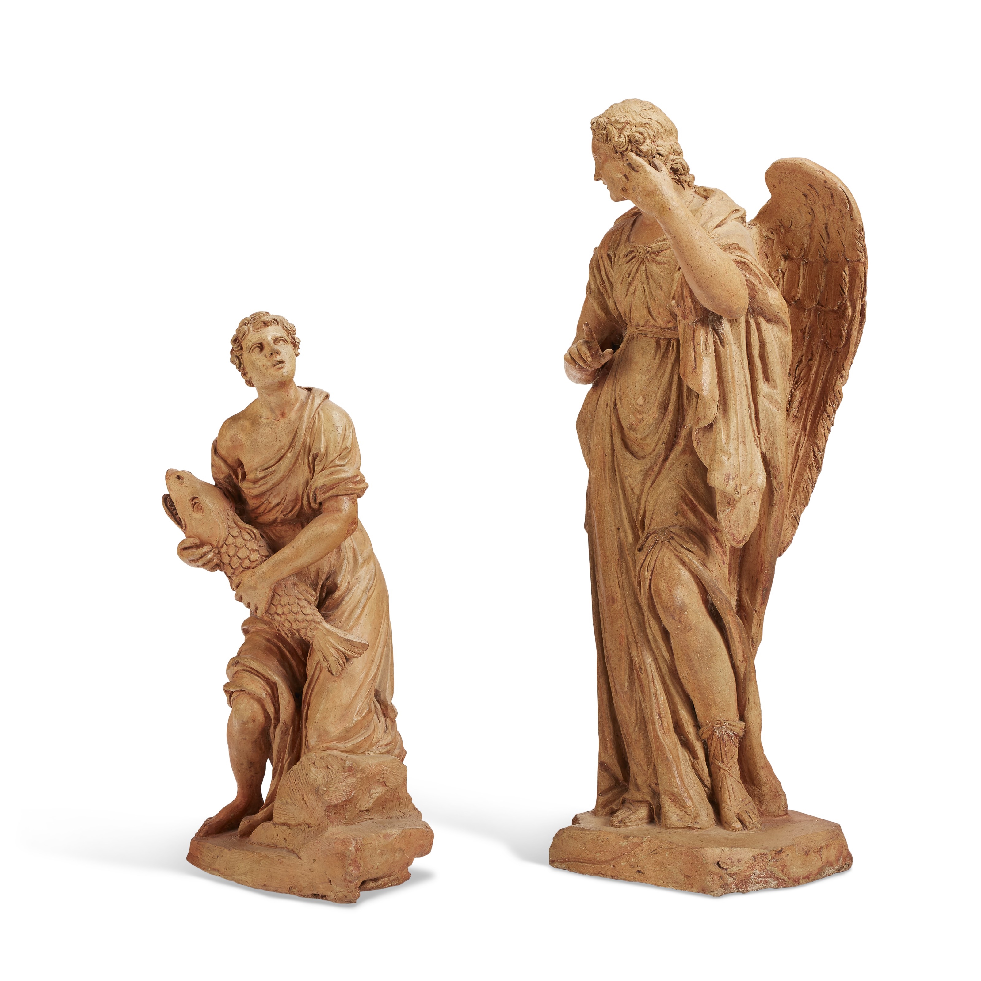 Artwork by Italian School, 18th Century, TWO TERRACOTTA FIGURES OF TOBIAS AND THE ANGEL, Made of TERRACOTTA