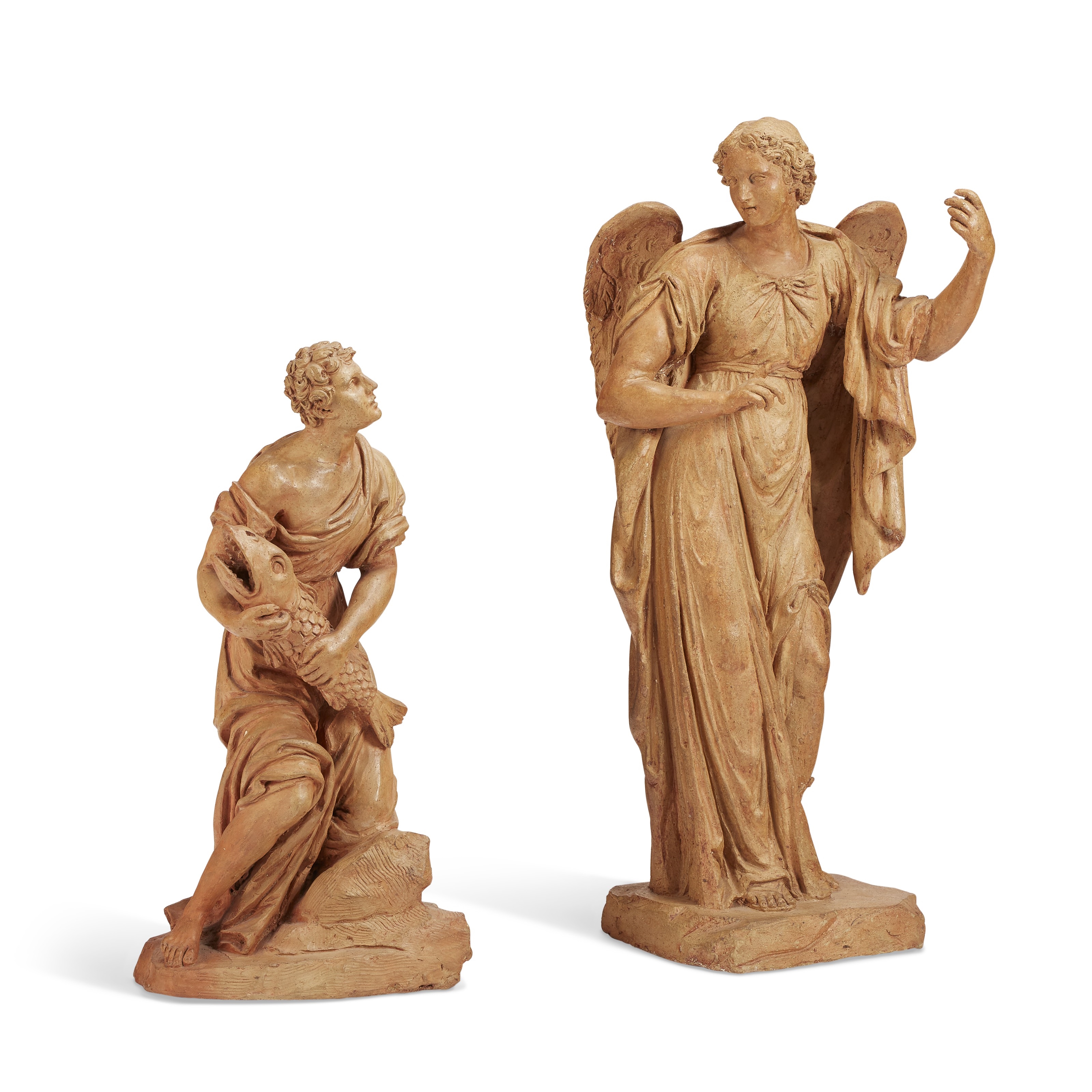 Artwork by Italian School, 18th Century, TWO TERRACOTTA FIGURES OF TOBIAS AND THE ANGEL, Made of TERRACOTTA