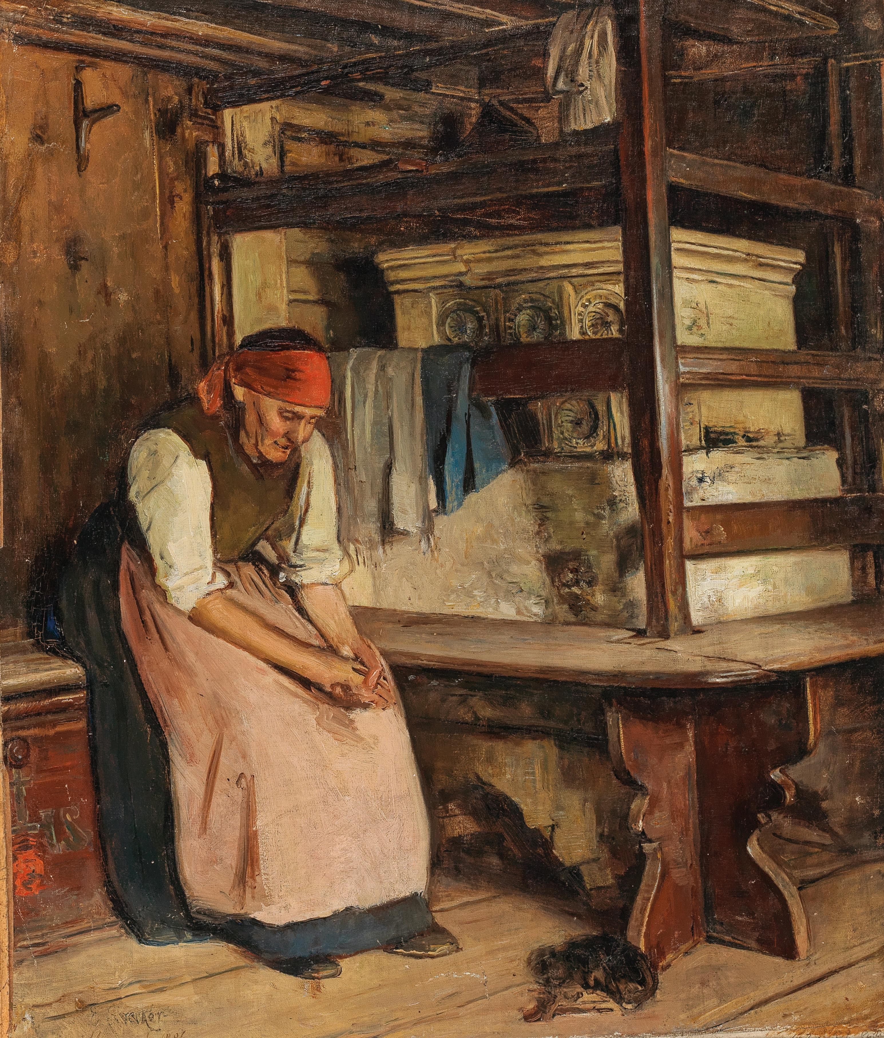 Artwork by Emil Strecker, Sitting by the Stove at Home, Made of oil on canvas