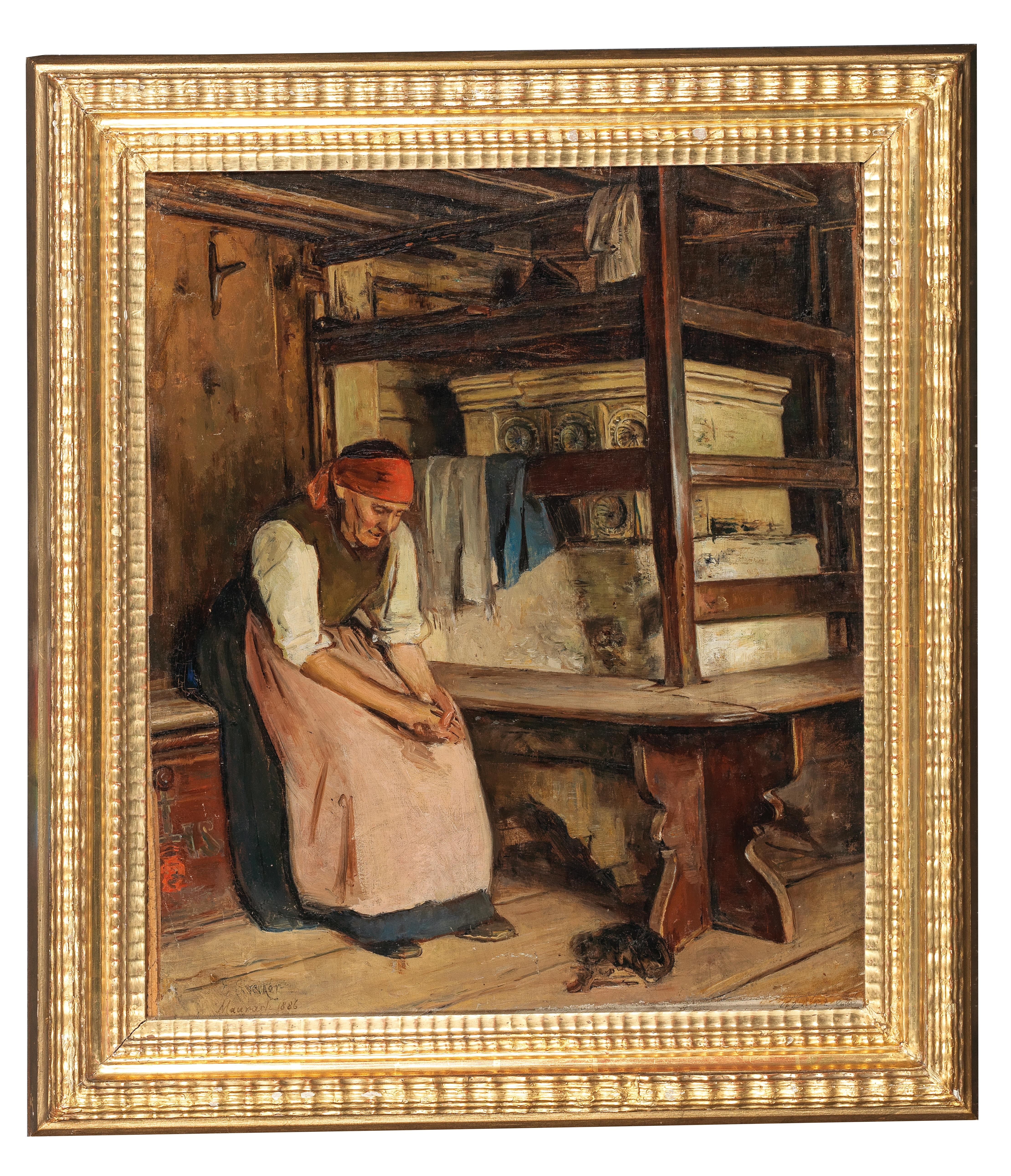 Artwork by Emil Strecker, Sitting by the Stove at Home, Made of oil on canvas