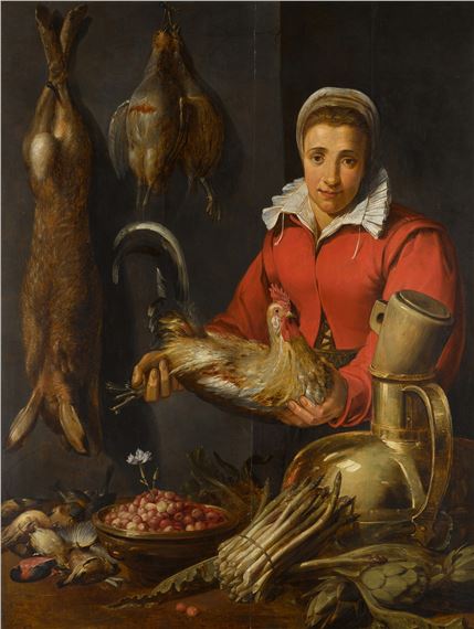 Frans Snyders A female merchant holding a cockerel, with asparagus, utensils and a bowl of wild strawberries | MutualArt