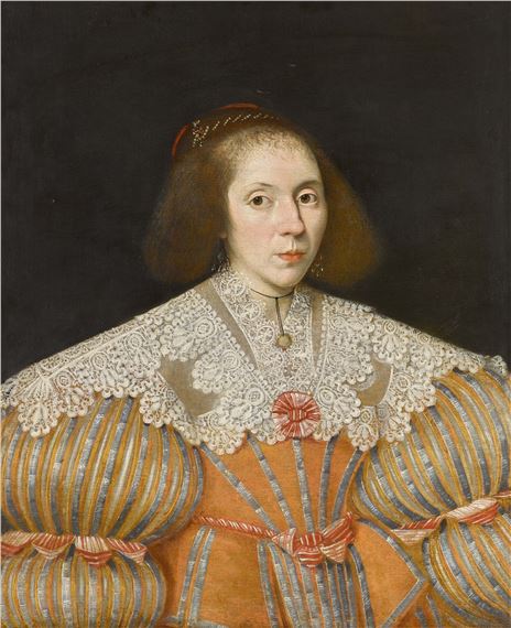 Portrait of a lady, half-length, in an orange striped dress with a lace collar and red and white bows - Edward Bower