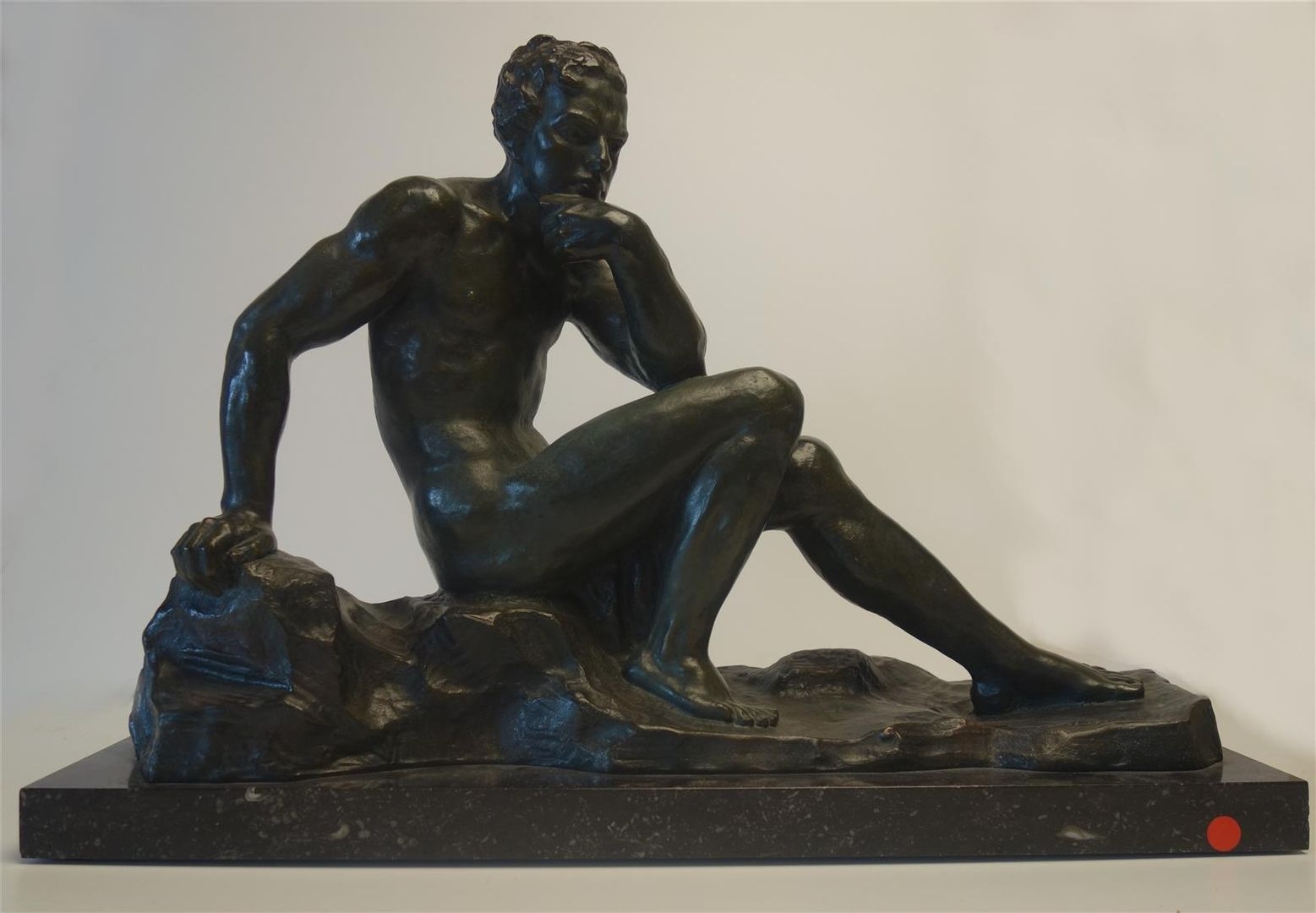 Artwork by Alexander Alexandrovich Ulin, The Thinker, Made of Bronze proof with green brown patina on a black veined marble base