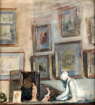 Hoekje van het atelier met veel schilderijen aan de muur - Johanna Bauer Stumpf