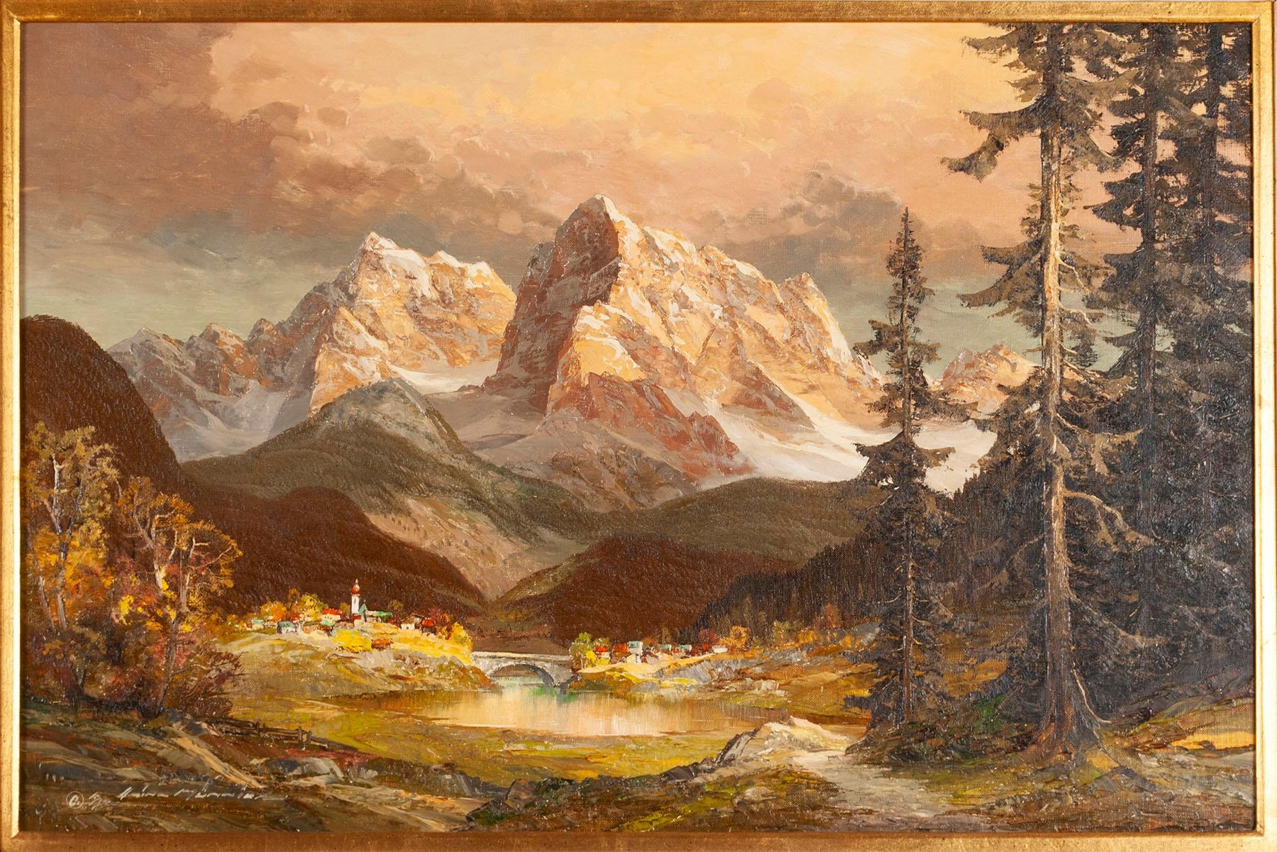 Artwork by Heinz Munnich, A sprawling mountainous landscape with pink light filtering through the clouds and lighting upon the side of detailed peaks, Made of Oil on canvas