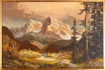 A sprawling mountainous landscape with pink light filtering through the clouds and lighting upon the side of detailed peaks - Heinz Munnich