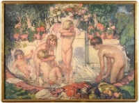 Artwork by Fernand Allard L'Olivier, Jeux d’enfants à la fontaine, Made of Oil on canvas