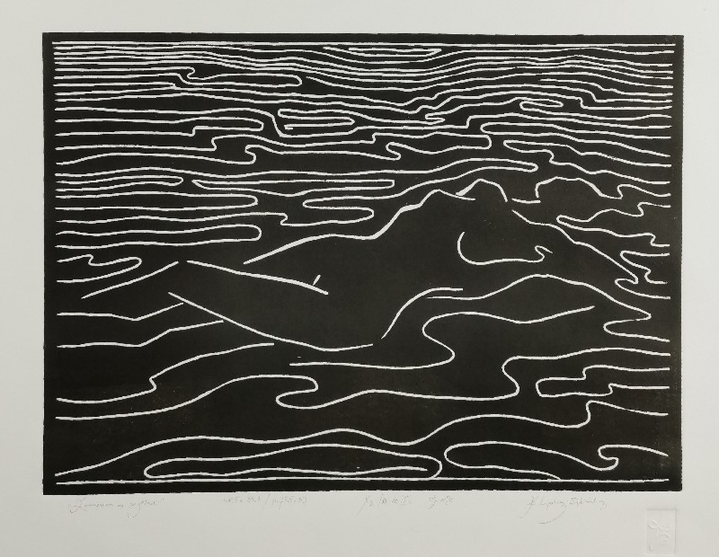 Artwork by Katarzyna Lipska Ziębińska, Zanurzona w myślach, Made of linocut, paper