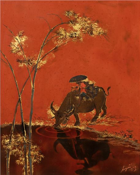 Child and his buffalo by Nguyen Duc Huyen, dated 1953