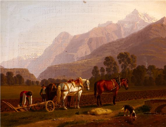 Voralpine Landschaft mit pflügenden Bauern by Johann Jakob Biedermann, 1812