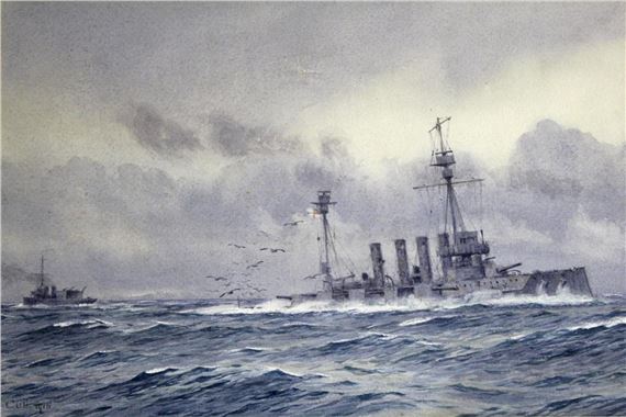 THE SINKING OF HMS WARRIOR AFTER JUTLAND by Alma Claude Burlton Cull, 1916