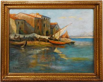 Painting of boats on a shoreline with reflections in the water and villas in the background - E. M. Reed