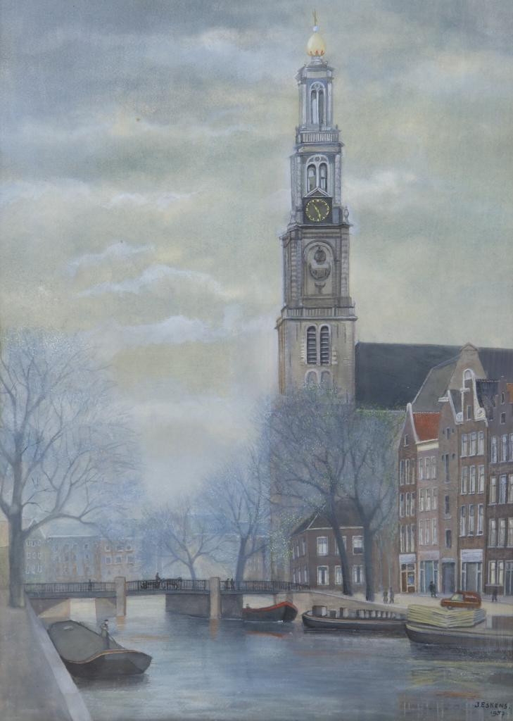 Artwork by J. Eskens, Wester tower in Amsterdam, Made of watercolor